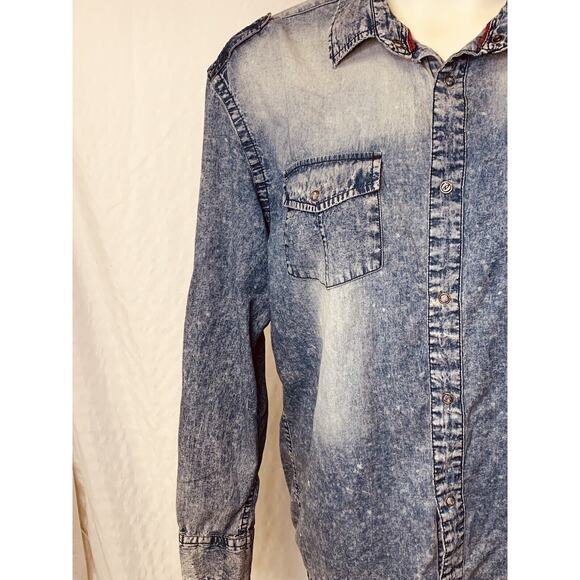 DRILL Clothing Company NYC Snap Distressed Blue 44" Chest Tab Sleeve Splatter - Picture 12 of 16
